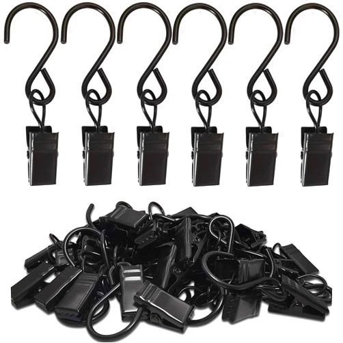 AMZSEVEN Stainless Steel S Hooks Curtain Clips, 50 Pack Hanging Party Lights Clips Hangers Gutter Photo, Art Craft Display, 2.4 Inch Long, Black