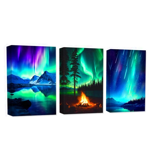 CXHOSTENT 3 Panels Aurora Borealis Canvas Wall Art Northern Lights Wall Decor Snow Mountain Lake Forest Bonfire Pictures Large Living Room Decor Frame (Aurora Borealis - 1, 11x14inchx3Pcs)