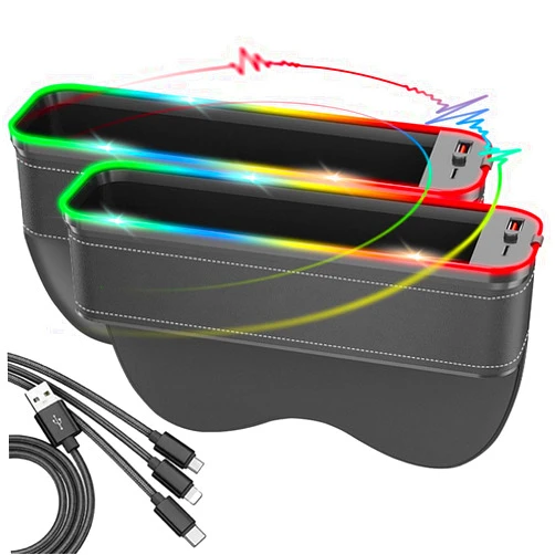 SUYUDSM Car Seat Gap Filler Organizer, Upgraded Music Rhythm Mode RGB LED Light Car Gap Filler with USB and Type-C Charger 10 Light Modes (2 Pack)