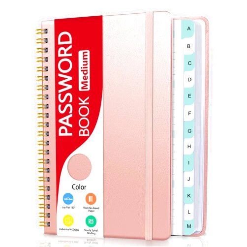 Homlive Spiral Password Book with Individual Alphabetical Tabs, Hardcover Password Keeper Book for Seniors, Password Notebook for Home or Office & Website Address Login-Rose Gold, 5.7