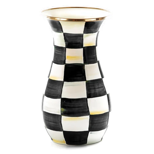 MACKENZIE-CHILDS Tall Enamel Vase, Unique Flower Vase, Decorative Table Decor for Living Room, Black-and-White Courtly Check