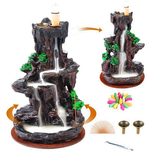SPACEKEEPER Incense Burner, Backflow Incense Holder 2 sides Waterfall Incense Burnier with 120 Backflow Incense Cones, 30 Incense Sticks, Aromatcherapy Ornamen for home