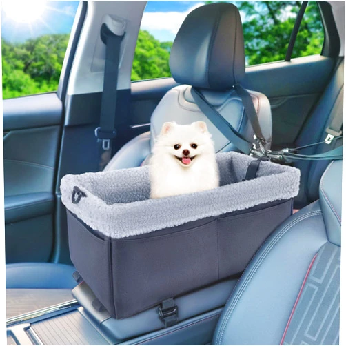 UTOLOVE Dog Car Seat for Small Dogs, Center Console Dog Car Seat with Soft Cushion, Cat Car Seat with Double Protection Seat Belts, Metal Frame Pet Car Seat with Safety Leash & Storage Pocket, Black