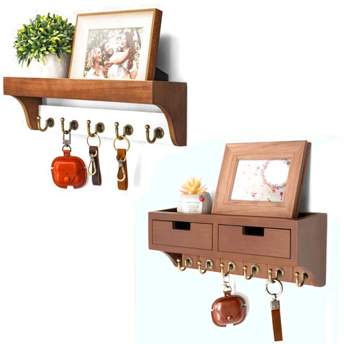 Rebee Vision Farmhouse Key Holder Wall Mount Combo - Key Holder for Wall and Mail Organizer with Drawers and Key Hooks - Rustic Home Decor for Kitchen and Entryway (Vintage Brown & White)