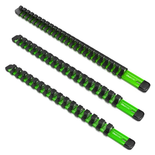 Olsa Tools Socket Organizer Set (3pc, Green) - Socket Holder and Socket Rail for 1/2-Inch, 3/8-Inch, and 1/4-Inch Drive Sockets - Holds 58 Chrome or Impact Sockets - Professional-Grade - Part: 1102
