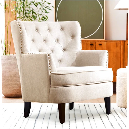 Rosevera Harris Velvet Upholstered Club Chair 34.5”H, Barrel, Wingback Tufted Button Armchair, Contemporary Nailhead Accent Living, Bedroom, Recreation Room, Entryway, Small, Beige