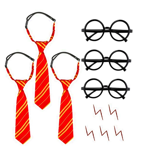 UTOPP Cosplay Wizard Necktie and Novelty Glasses, Striped Tie Lensless Glasses Frame Lightning Tattoos, School Unisex Kids Halloween Magic Playing Role Bday Party Themed Costume Dress Up Accessory Tie Set
