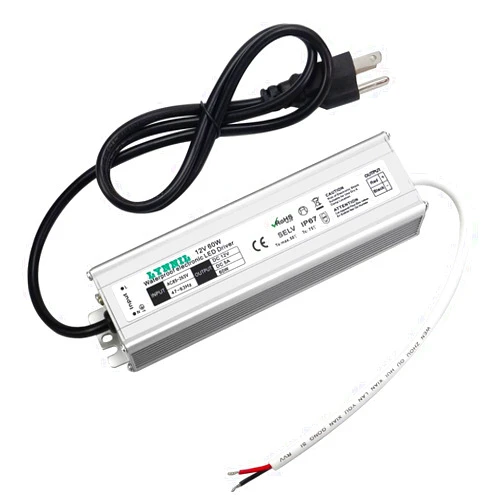Lynnil LED Driver 60W 12V Waterproof IP67 LED Power Supply Transformer Adapter 90-264V AC to 12V DC Low Voltage Output with 3-Prong Plug 3.3 Feet Cable for LED Light, Computer Project, Outdoor Light