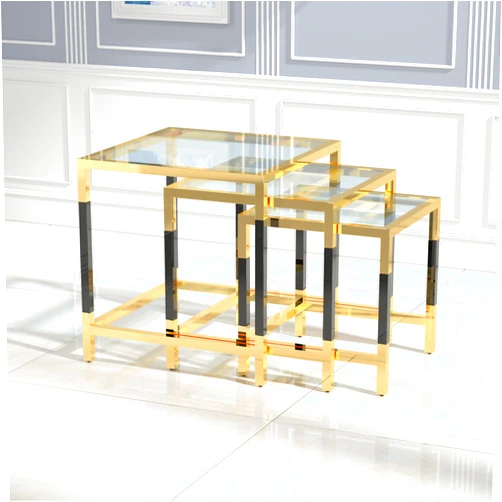 HAOHAOLIFE Industrial Style Nesting End Table with Stainless Steel and Acrylic Frame, 17.71 Inch 3-Pieces Side Table with Clear Glass Top, Easy Assembly Nightstand for Living Room, Bedroom