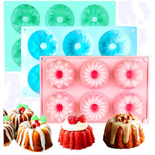 Annewbin 3pcs Mini Bundt Cake Pan,6-Cavity Fluted Tube Cake Pan,Silicone Cupcake Molds for Baking, Nonstick Cupcakes Mold for chocolate/Brownie/Jello