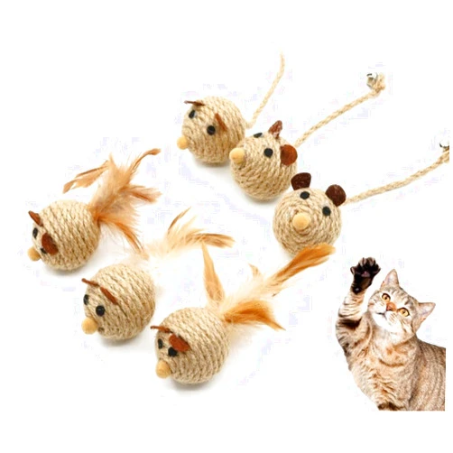 Honyge 6Pcs Natural Sisal Toys for Cats,Sisal Balls Mice Toys with Rattling Sound for teractive Cat Scratcher Chew Toy with Cute Mouse Toy for Kitten Kicker