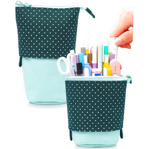 Sooez Standing Pencil Case, Cute Stand up Pencil Pouch, Telescopic Pen Pouch, Portable Pencil Holder, Kawaii Stand up Pencil Case, Spacious Pencil Pouch Bag for School Office Supplies, Green