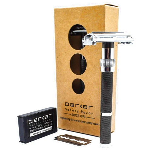 Parker Safety Razor Parker 96R - Long Handle Butterfly Open Safety Razor & 5 Parker Premium Platinum Double Edge Razor blades