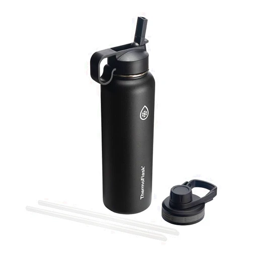 ThermoFlask 40 oz Double Wall Vacuum Insulated Stainless Steel Water Bottle with Spout and Straw Lids, Black