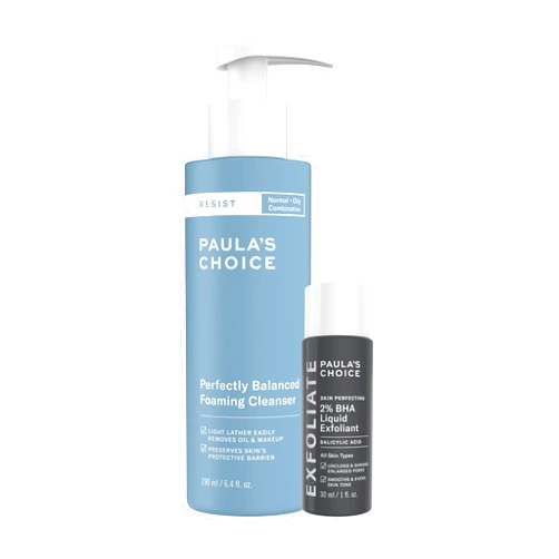 Paula's Choice RESIST Perfectly Balanced Foaming Cleanser + Travel Size 2% BHA Salicylic Acid Liquid Exfoliant Duo, for Oily and Combination Skin Types, Set of 2