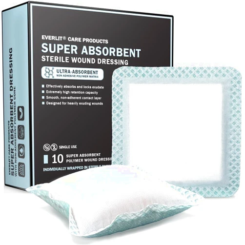 EVERLIT Super Absorbent Dressing for Wound Care | Nonstick Soft Surgical Gauze Pad for Heavily Exuding Wounds | Large Sterile Non-Adhesive Bandage for Fast Healing Wound Care | Pack of 10 (4