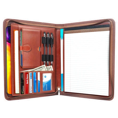 Tutata Zippered Portfolio Organizer, Leather Padfolio, Business Portfolio with Elastic Cord, Portfolio Folder for Men & Women, Brown