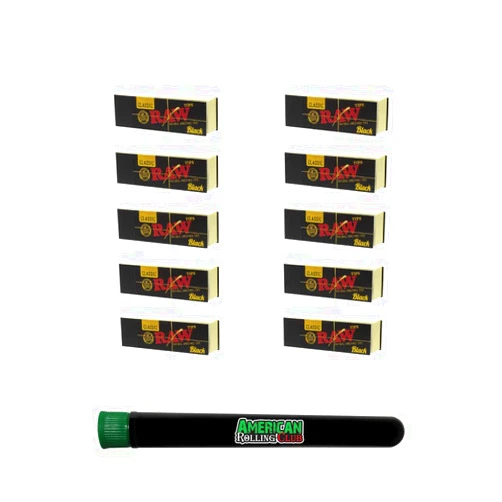 Roll With Us Depot Raw Black Rolling Papers Tips (10 Pack) with American Rolling Club Tube