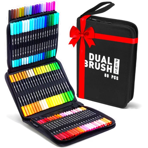 ALEMHOP Dual Brush Marker Pens, 80 Colors Art Markers Set for Coloring Book, Bullet Journaling, Note Taking, Hand Lettering - Drawing Art Supplies Kit with Fine and Brush Tip