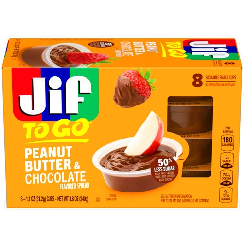 Jif To Go Peanut Butter & Chocolate Flavored Spread, 8 Single-Serve Cups, 1.1 Oz. Each