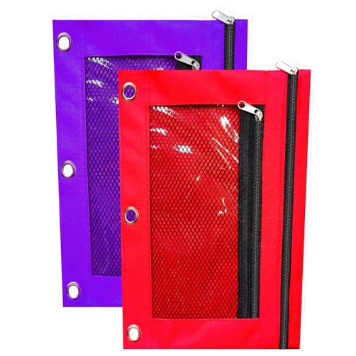SORDIM 3 Ring Binder Pencil Pouch, 2 Pack Pencil Pouches with Zipper-Pencil Case with Double Pocket and Mesh Window (Purple&Red)