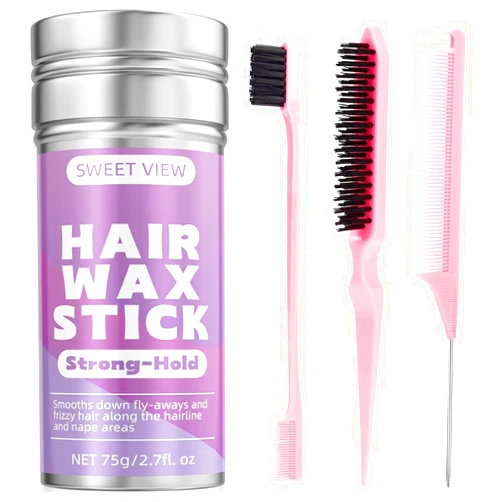 SWEET VIEW Hair Wax Stick & Slick Back Hair Brush Set for Smooth Flyaways, Frizz, Sleek Ponytail, Bun, Styling Accessory for Girls, Kids