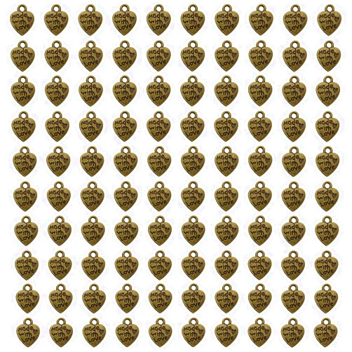 Shapenty 100PCS Mini Metal Beads Heart Shaped “Made with Love” Charms Bulk for DIY Craft Keychain Necklace Pendants Bracelets Earrings Jewelry Making Findings