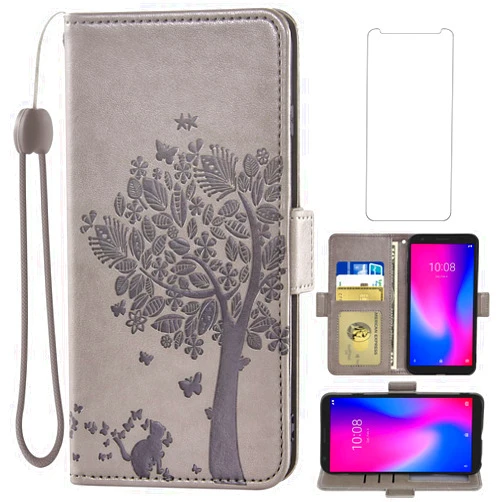 Asuwish Compatible with ZTE Avid 579 Z5156CC Wallet Case and Tempered Glass Screen Protector Flip Wrist Strap Credit Card Holder Stand Cell Phone Cover for ZTE Blade A3 2020/A3 Joy Women Men Gray