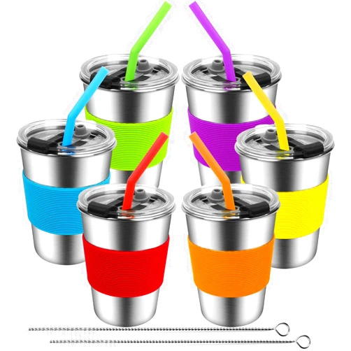 EWSNmata Kids Cups with Straws Spill Proof, Stainless Steel Sippy Cups with Lids, 12oz Toddlers Straws Tumbler, 6 Pack Unbreakable Water Glasses for Children, Adults, Outdoor, Indoor