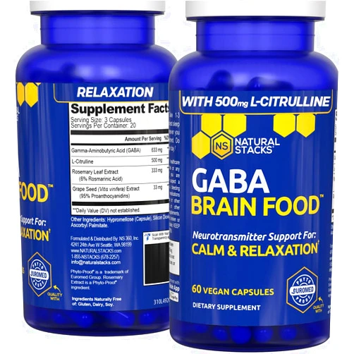 NATURAL STACKS GABA Brain Food - GABA Supplement with L-Citrulline & Grape Seed Extract - Supports Calm & Relaxation - Nighttime Sleep Aid - Supports Production of Gamma Aminobutyric Acid - 60 L-Citrulline Capsules