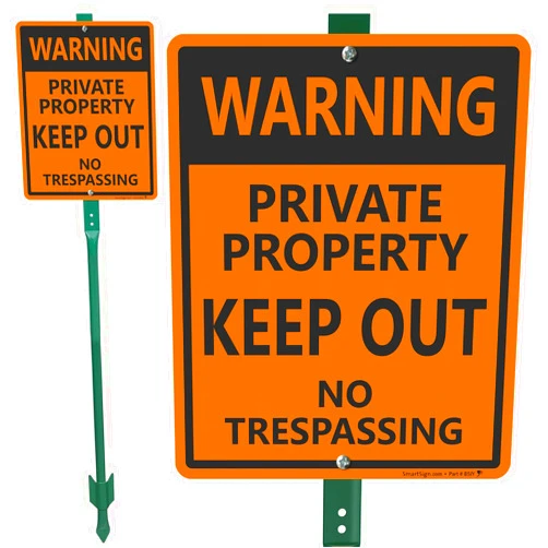 SmartSign 12 x 10 inch “Warning - Private Property, Keep Out, No Trespassing” LawnBoss Yard Sign with 3 foot Stake, 40 mil Laminated Rustproof Aluminum, Black and Orange, Set of 1, Made in USA