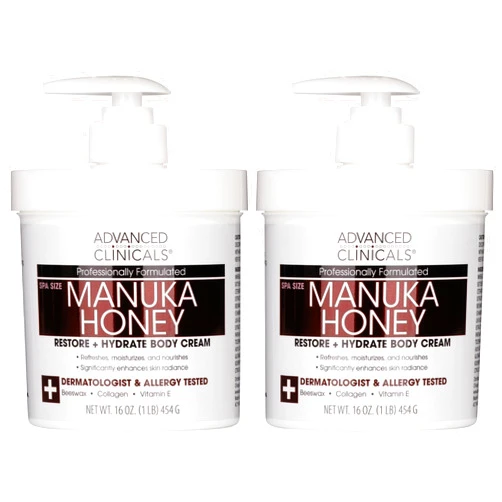 Advanced Clinicals Manuka Honey Body Cream For Women & Men | Body Butter Lotion For Extremely Dry Skin | Collagen Cream | Skincare Moisturizer Hydrating Balm Improves Look Of Aging Skin, 16Oz, 2-Pack