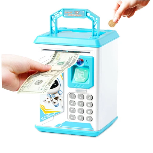 ACOCOKI Kids Electronic Piggy Bank, Mini ATM Piggy Bank for Real Money, Piggy Bank for Boys Girls Toy, Auto Scroll Paper Money Saving Box with Face & Fingerprint Recognition, Password, Lock(Blue)