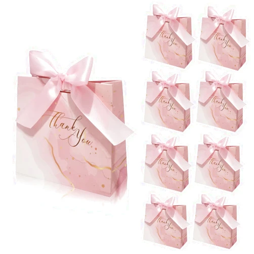 DECHISY 30Pack Small Thank You Gift Bags,Marble Pattern Party Favor Pink Bags with Pink Bow Ribbon,4.5x1.8x3.Inches,Paper Bags for Birthday Wedding Bridesmaid Holiday Valentines Day (Pink)