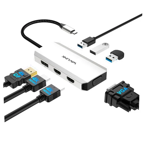 WAVLINK USB C to Dual HDMI Adapter 4K 60hz, 7 in 1 USB C Docking Station with 2 HDMI Displayport VGA Hub, USB C Splitter 4 Monitors Extended Display, USB C Adapter Multiport Dongle for MacBook/Dell/HP/Lenovo
