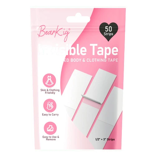 BearKig 50-Strips Double-Sided Tape for Fashion, Tape for Clothes, Fabric Tape for Women Clothing and Body, All Day Strength Tape Adhesive, Invisible and Clear Tape for Sensitive Skins