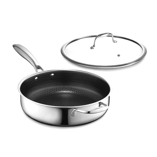 HexClad Hybrid Nonstick 3.3-Quart Deep Sauté Pan with Tempered Glass Lid, Stay-Cool Handle, Dishwasher-Friendly, Oven-Safe Up to 900°F, Induction Ready, Compatible with All Cooktops