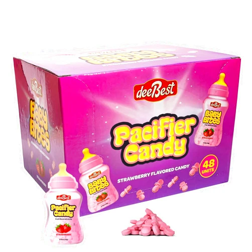 Dee Best Candy Pacifier Strawberry Fruity Pink Bites 48 Individually Wrapped Bottle Shaped Pouches Bulk - Great for Girl Themed Baby Shower Candy, Birthday, and Gender Reveal - Kosher Candy- It's a Girl