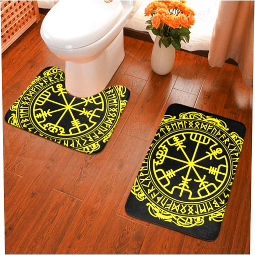 PUYWTIY Bathroom Rug Bath Mat Set 2 Piece, Soft Memory Foam Shower Mat and U Shaped Toilet Rug, Black Celtic Viking Design Magical Runic Compass Vegvisir in The Circle of Norse Runes And Dragons T Floor Mat