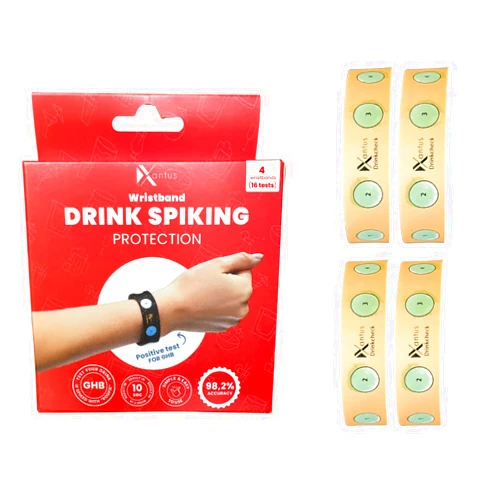 Xantus Drink Check Wristband Roofie Test by Xantus | Spiked Drink Bracelet Tester Detects GHB Within 10 Seconds Test Your Drink | Spiking Protection Detector Made in USA | (4 Beige Wristbands | 16 Tests)