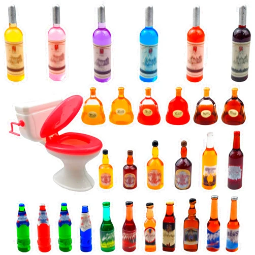 RASSLISA 30 PCS 29 Styles Mini Wine Bottles Cake Toppers with 1 Plastic Miniature Toilet Toy Funny Dollhouse Cupcake Cake Topper Gift Set for Birthday Party Bachelorette Party Decorations