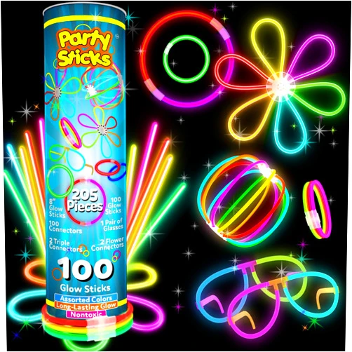 PartySticks Bulk Party Supplies 205 Piece Glow in The Dark 100 Glow Sticks with Eye Glasses, Bracelets, and Connectors