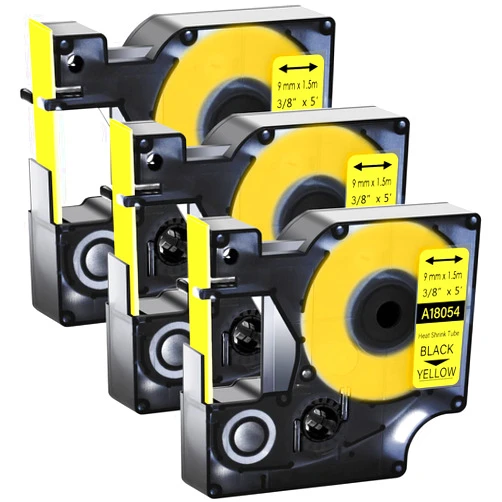 GREENCYCLE Compatible for Dymo 18054 Heat Shrink Tubes Industrial Label Tape 3/8-Inch (9 mm) x 5 ft (1.5m) for use with DYMO Rhino 5200 4200 3000 5000 6000 Label Makers, (Black on Yellow, 3 Pack)