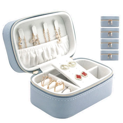 Betviv Travel Jewelry Case Bulk Of 4 For Women-Small,Portable, Zip, PU Leather Jewelry Organizer For Earring Bracelets-Blue Mini Travel Jewelry Box Set Perfect For Jewelry Box Bridesmaid Gift 4Pack