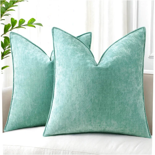 decorUhome Spring Couch Throw Pillow Covers 18x18 Set of 2, Decorative Soft Velvet Neutral Chenille Pillow Covers with Elegant Design for Sofa Bed Living Room Home Decor, Aqua Haze