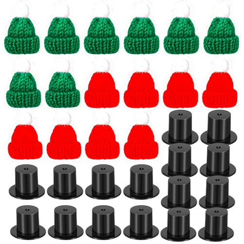 Chalyna 32 Pieces Winter Christmas Mini Doll Snowman Hats for Crafts 16 Small Knitting Santa Hats and 16 Black Plastic Miniature Top Caps for Xmas Ornaments DIY Art and Craft Decoration