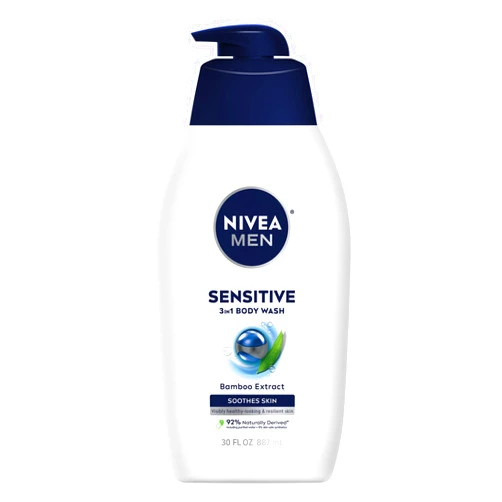 NIVEA MEN Sensitive Body Wash with Bamboo Extract, Moisturizing Body Wash for Sensitive Skin, Soap Free Shower Gel for Men with No Drying Alcohol, 30 Fl Oz Bottle