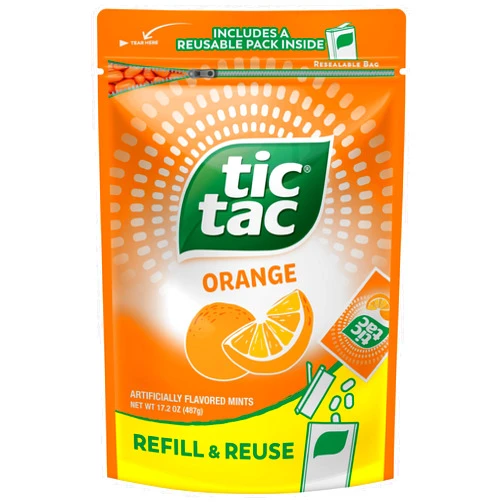 Tic Tac Resealable Refill Bag, Bulk 17.2 Oz, Orange Flavored Mints, On-The-Go Refreshment, Includes Empty Refillable Pack