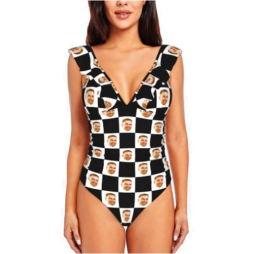 KIKISHOPQ Personalized One Piece Swimsuit Women V Neck Ruffled Swimwear Bathing Suit Custom Face Funny Bikini Vintage Swimsuit