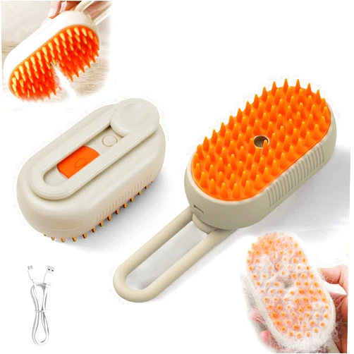 Xihongshi 4 in 1 Cat Steam Brush for Shedding, Rechargeable Steam Cat Brush With Rotating Handle, for Massaging and Cleaning Shedding Pet Hair, for Cats Dogs(Cream)